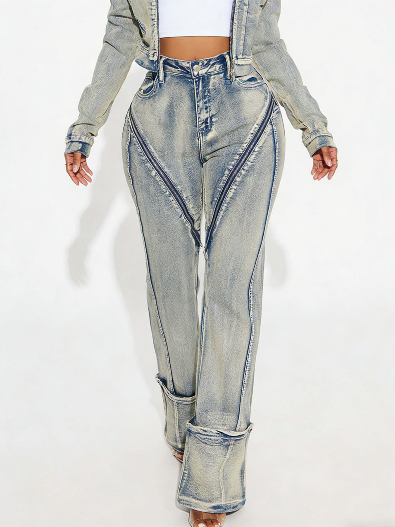 New Fashionable And Sexy Women's High-stretch Washed Zipper Denim Jacket