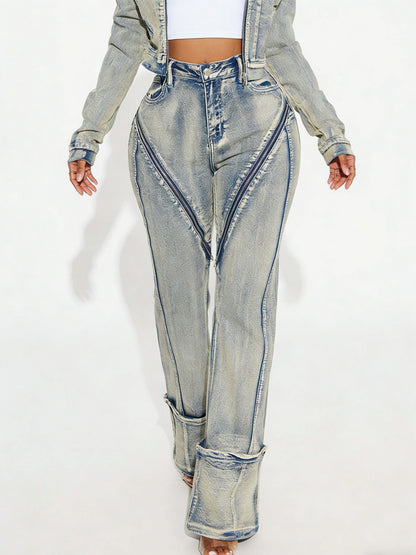 New Fashionable And Sexy Women's High-stretch Washed Zipper Denim Jacket