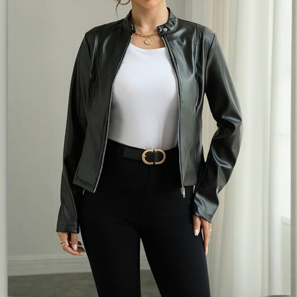 Women's Solid Color Long Sleeve Stand Collar Faux Leather Blazer - Single Button Zippered Jacket For Fall&Winter