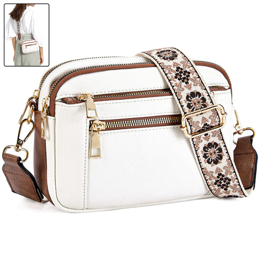 Triple-zipper Shoulder Bag With Floral Embroidered Straps Fashion Colorblock Multi-functional Crossbody Bags For Women