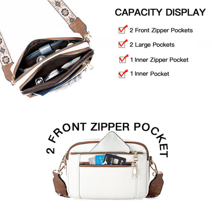 Triple-zipper Shoulder Bag With Floral Embroidered Straps Fashion Colorblock Multi-functional Crossbody Bags For Women