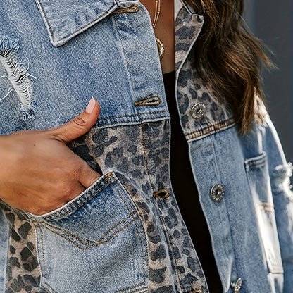 Women's Cropped Distressed Denim Jacket Ripped Button Down Jean Jacket Long Sleeve Casual Streetwear Coat
