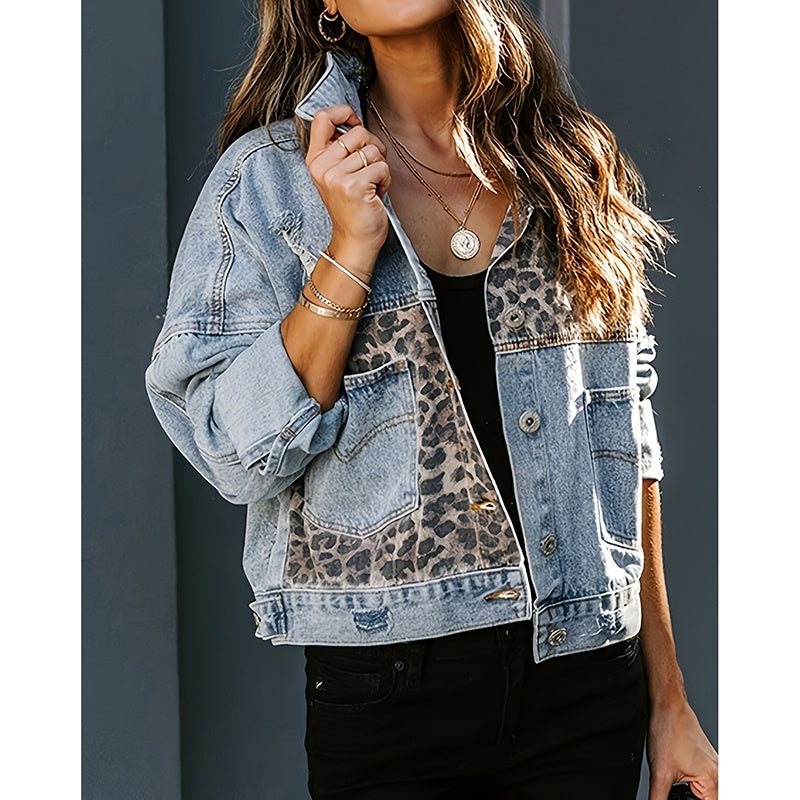 Women's Cropped Distressed Denim Jacket Ripped Button Down Jean Jacket Long Sleeve Casual Streetwear Coat