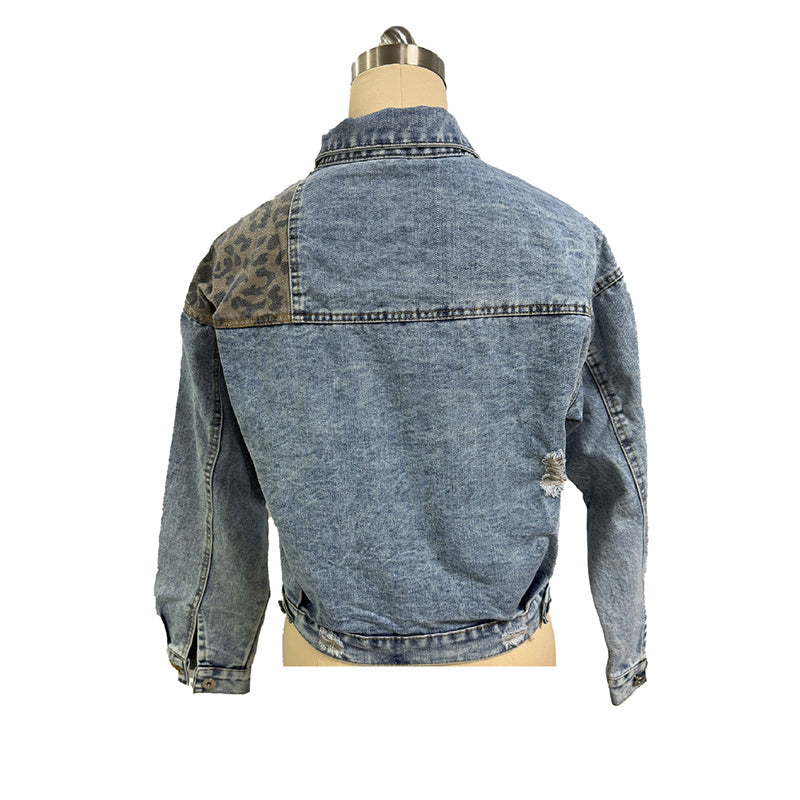 Women's Cropped Distressed Denim Jacket Ripped Button Down Jean Jacket Long Sleeve Casual Streetwear Coat