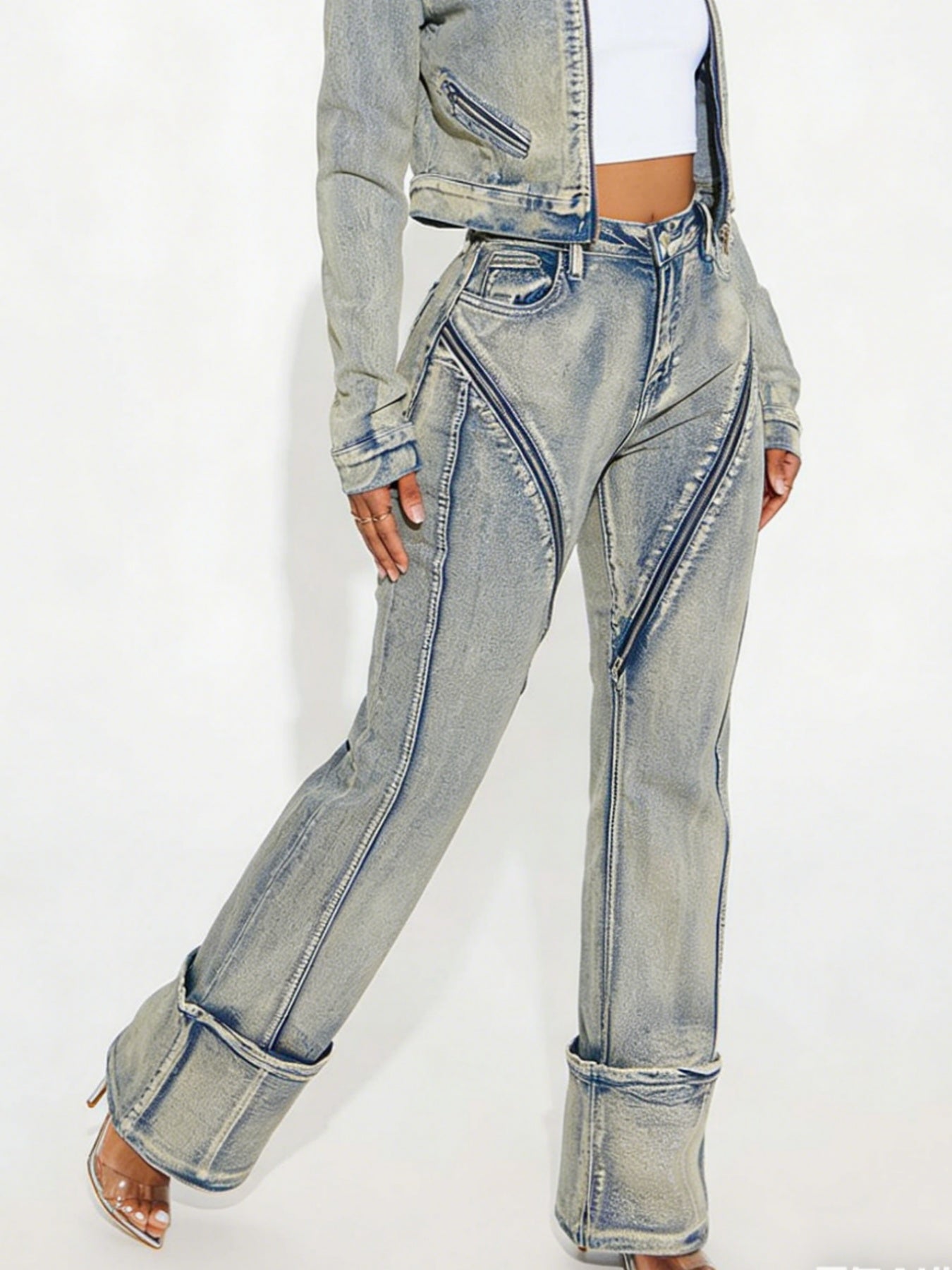New Fashionable And Sexy Women's High-stretch Washed Zipper Denim Jacket