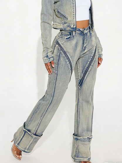 New Fashionable And Sexy Women's High-stretch Washed Zipper Denim Jacket