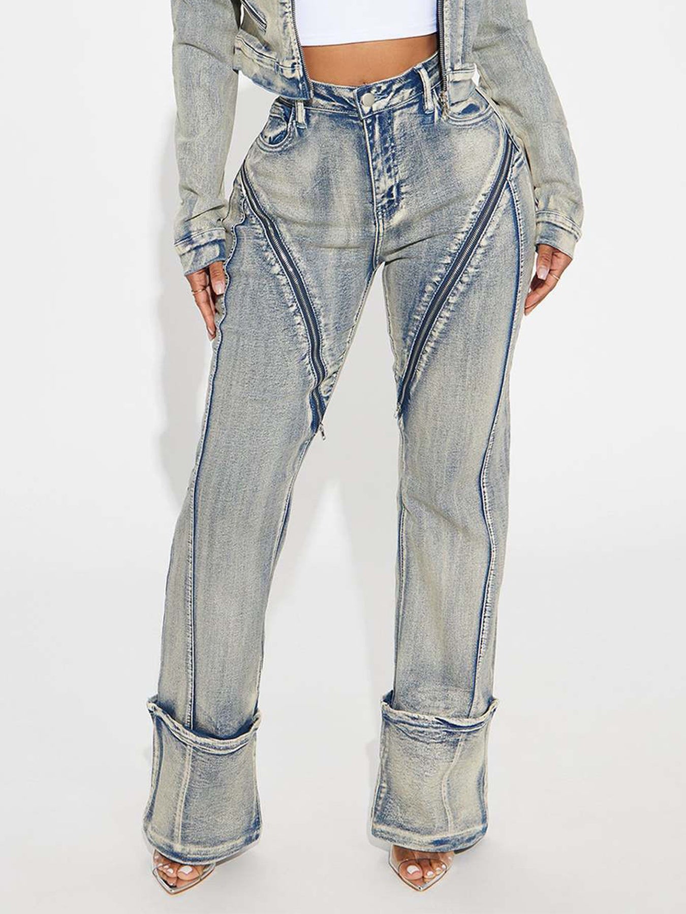 New Fashionable And Sexy Women's High-stretch Washed Zipper Denim Jacket