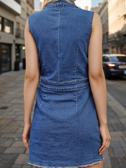 2025 Women's Fashion Trend Sleeveless Dress, V-neck Design - Button Detail Frayed Hem Denim Skirt
