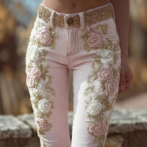 Women's Retro Pink Rose Embroidered Artistic Printed Jeans Elegant