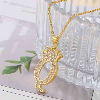 1PCS Fashionable Gold Diamond Crown Uppercase Letter Popular Pendant Necklace Suitable For Daily Use Festivals Parties Gifts Jewelry Set