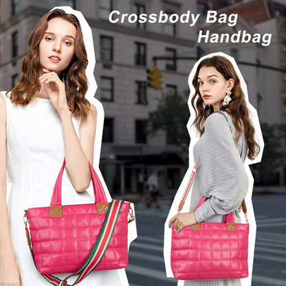 Puffer Tote Bag For Women With Zipper, Quilted Puffy Bag Lightweight Crossbody Hobo Padded Handbag With Strap-Rose