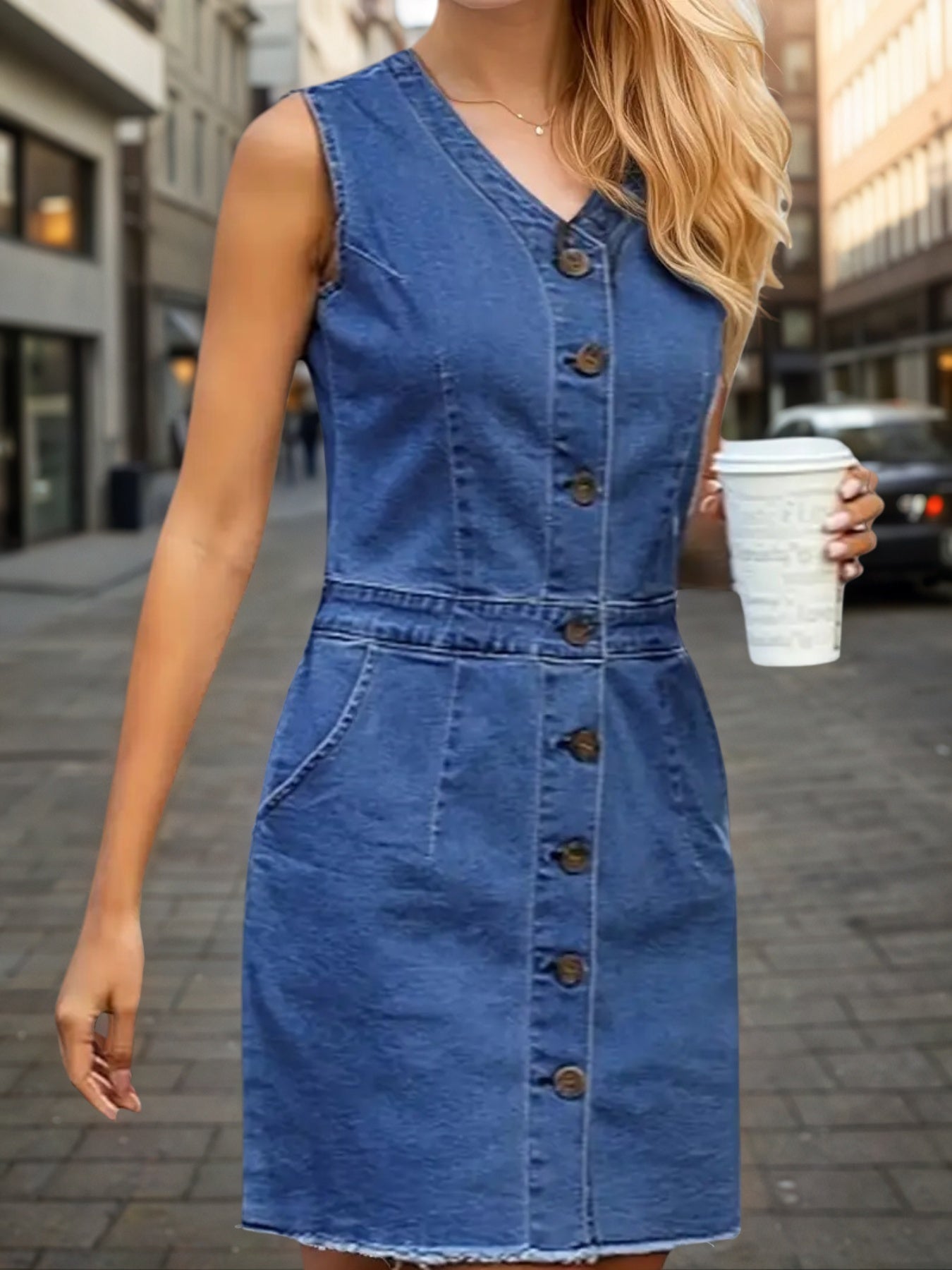 2025 Women's Fashion Trend Sleeveless Dress, V-neck Design - Button Detail Frayed Hem Denim Skirt
