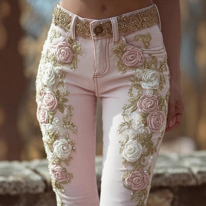 Women's Retro Pink Rose Embroidered Artistic Printed Jeans Elegant